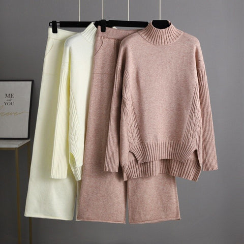BOoDinerinle Autumn Winter 2 Pieces Women Sets Knitted Tracksuit O-Neck Split Sweater and Wide Leg Jogging Pants Pullover Suits