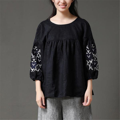 2022 Summer Women Solid Long Lacing Embroidery Shirt Round Neck Three Quarter Sleeve Casual Loose Black Blouse &Top