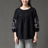 2022 Summer Women Solid Long Lacing Embroidery Shirt Round Neck Three Quarter Sleeve Casual Loose Black Blouse &Top