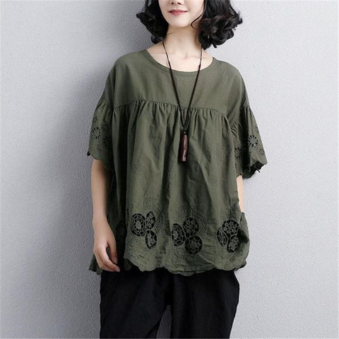 Women Summer Hollowed Pleated Embroidery Lacing Shirt Round Neck Short Sleeve Casual Loose Green Female Blouse&Top