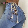 BaQGW Casual Lace Up Autum Jeans Women Blue High Waist Long Trousers Sexy Hollow Out Denim Patchwork Straight Pants Streetwear