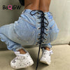 BaQGW Autumn Winter Sexy Back Lace Up High Waist Denim Female Straight Jeans for Women Bell Bottom Fat Mom Jeans Wide Leg