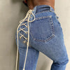 BaQGW Autumn Winter Sexy Back Lace Up High Waist Denim Female Straight Jeans for Women Bell Bottom Fat Mom Jeans Wide Leg
