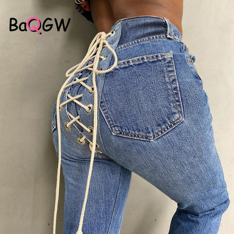 BaQGW Autumn Winter Sexy Back Lace Up High Waist Denim Female Straight Jeans for Women Bell Bottom Fat Mom Jeans Wide Leg