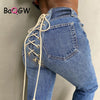 BaQGW Autumn Winter Sexy Back Lace Up High Waist Denim Female Straight Jeans for Women Bell Bottom Fat Mom Jeans Wide Leg