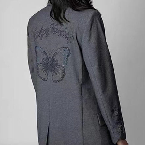 Back Butterfly Letter Rhinestones Women's Blazer Single Breasted Long Sleeve Casusl Outerwear Ladies Suit Coats