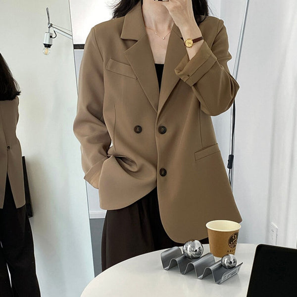 Back One Button Detailed Slit Hem Ruched Solid Blazer Brown / Beige / Black