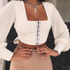 Backless Lantern Sleeve Short Shirt Women Square Collar Long Sleeve Summer Crop Blouse Women Tops Bow Tie Sexy Ladies Blouse