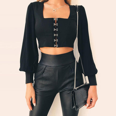 Backless Lantern Sleeve Short Shirt Women Square Collar Long Sleeve Summer Crop Blouse Women Tops Bow Tie Sexy Ladies Blouse