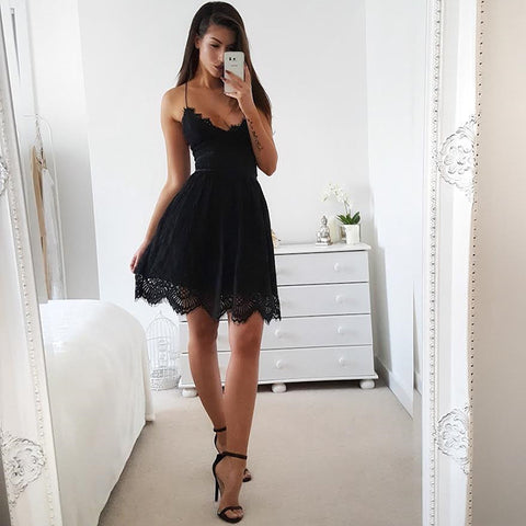 Spaghetti Strap Sexy Lace Dress Women Sleeveless V-Neck Loose Summer Dress Cotton Black Elegant Party Dresses