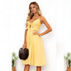 Backless Summer Dress Women Cute Bow Sleeveless Pleated Button V Neck Solid Dress Strap Casual Female Clothing Dropship