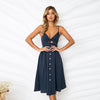 Backless Summer Dress Women Cute Bow Sleeveless Pleated Button V Neck Solid Dress Strap Casual Female Clothing Dropship