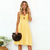 Backless Summer Dress Women Cute Bow Sleeveless Pleated Button V Neck Solid Dress Strap Casual Female Clothing Dropship