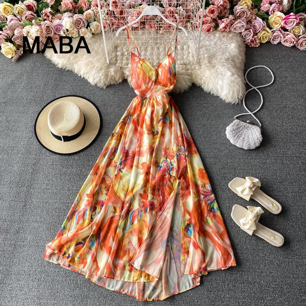 Backless spaghetti strap dress summer women's sexy V-neck Chiffon slit maxi dress beach holiday print dress 2022
