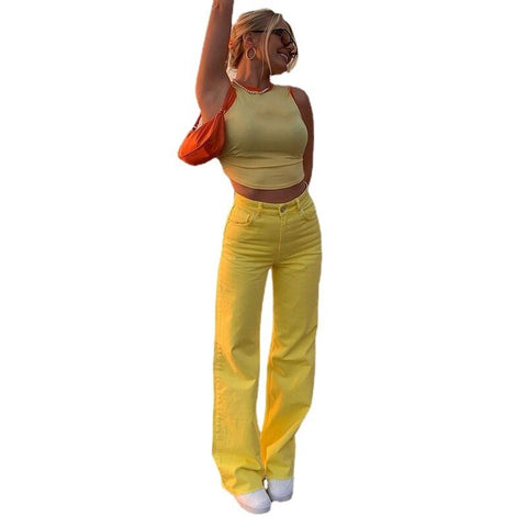 Baggy Jeans Cotton Straight Wide Leg Mom Fit High Waist blue orange yellow Solid Y2K Jean Women 2022 Summer Denim Pants female