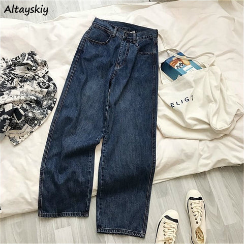 Baggy Jeans Women 2022 Straight Vintage Spring Chic Loose All-match Simple Korean Style Leisure Pocket High Waist Trousers Denim