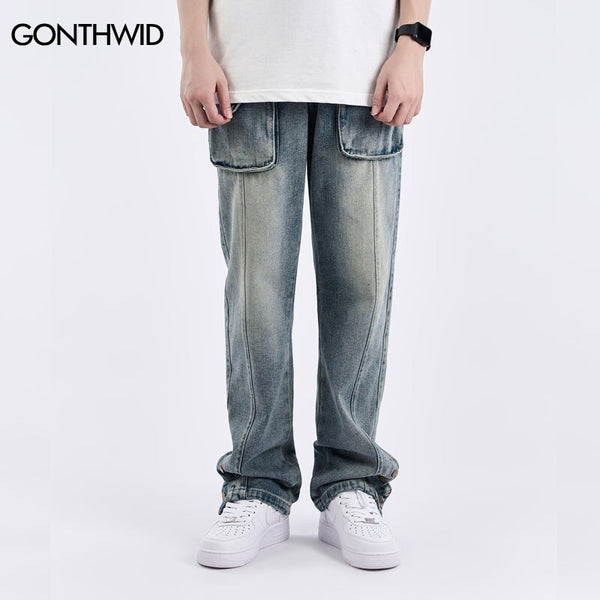 Baggy Straight Denim Jeans Streetwear Mens Multi Pockets Cargo Jean Pants Hip Hop Harajuku Casual Loose Jeans Trousers