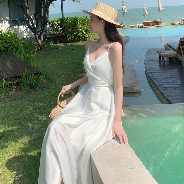 Bali Beach skirt seaside sexy open back holiday skirt long skirt slim Satin suspender skirt women's summer