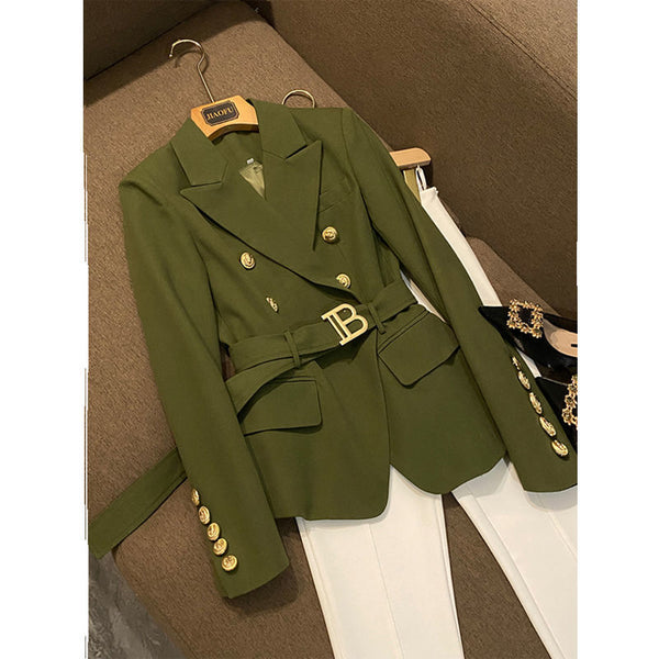 Balmain 2023 spring and autumn army green double-breasted suit waist tie top long-sleeved solid color women