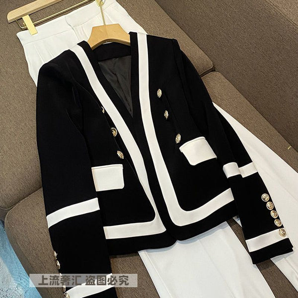 Balmain European station spring and autumn double-breasted black and white stitching women's one-piece Blazers