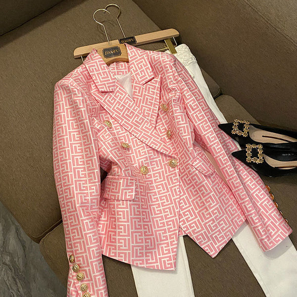 Balmain European and American double-breasted pink suit with jacquard slim fit Blazers