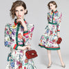 Banulin 2023 Spring Autumn Runway Shirt Dress Women's Long Sleeve Elegant Floral Stripe Print OL Pleated Midi Dress