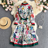 Banulin 2023 Spring Autumn Runway Shirt Dress Women's Long Sleeve Elegant Floral Stripe Print OL Pleated Midi Dress