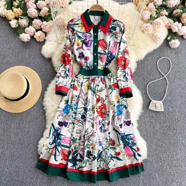 Banulin 2023 Spring Autumn Runway Shirt Dress Women's Long Sleeve Elegant Floral Stripe Print OL Pleated Midi Dress