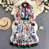 Banulin 2023 Spring Autumn Runway Shirt Dress Women's Long Sleeve Elegant Floral Stripe Print OL Pleated Midi Dress
