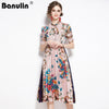Banulin Summer Runway Designer Bow Neck Pleated Dress Women Lace Patchwork Floral Print Elegant Holiday Midi Dress Vestidos