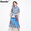 Banulin Summer Runway Designer Bow Neck Pleated Dress Women Lace Patchwork Floral Print Elegant Holiday Midi Dress Vestidos