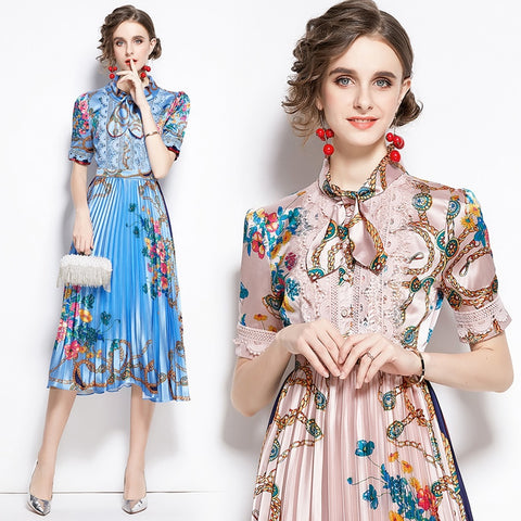 Banulin Summer Runway Designer Bow Neck Pleated Dress Women Lace Patchwork Floral Print Elegant Holiday Midi Dress Vestidos