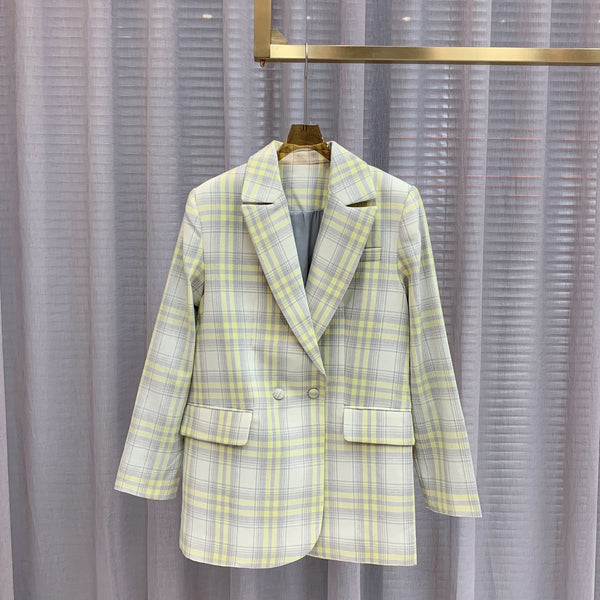Bargain Price Women Yellow Plaid Blazer Coat Ladies Office Business Jacket Outwear Tops With Pockets