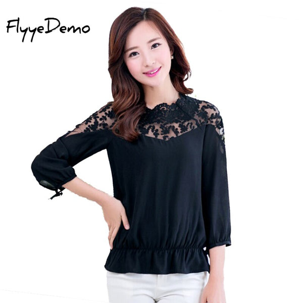 Baru Kualitas 2023 Wanita Renda Merenda Floral Chiffon Blus Renda Patchwork Tops 3/4 Lengan Femininsa Blusas