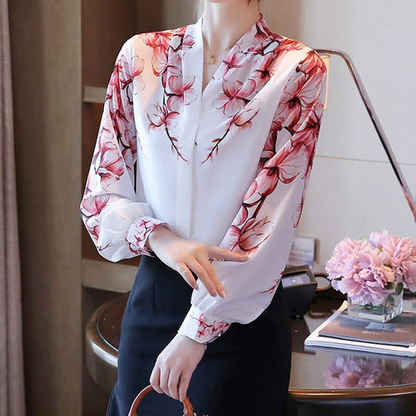 Baru elegan Wanita Blus bunga kemeja chiffon blus 2023 Musim Semi Blus lentera Lengan Tops Kemeja Blusas Mujer