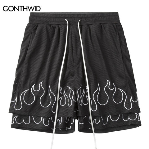 Basketball Mesh Shorts Streetwear Hip Hop Vintage Embroidery Fire Double Layer Jogger Shorts Harajuku Casual Baggy Short Pants