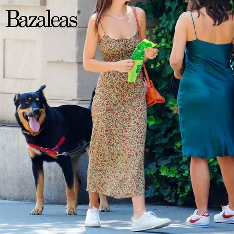 Bazaleas Vintage  2022 Summer Spaghetti Strap Women Midi Dress  Yellow Floral Print Vestidos Retro Sleeveless Dresses