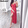 BeAvant Backless v neck ruffles sexy dress women High waist split long dress summer Beach maxi dress print dress vestidos