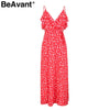 BeAvant Backless v neck ruffles sexy dress women High waist split long dress summer Beach maxi dress print dress vestidos