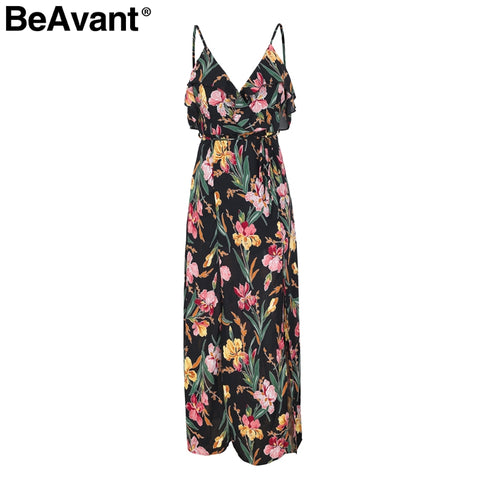 BeAvant Backless v neck ruffles sexy dress women High waist split long dress summer Beach maxi dress print dress vestidos