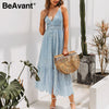 BeAvant Embroidery cotton white summer dress women Sexy v neck spaghetti strap long dress High waist button casual dress female