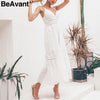 BeAvant Embroidery cotton white summer dress women Sexy v neck spaghetti strap long dress High waist button casual dress female