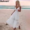 BeAvant Embroidery cotton white summer dress women Sexy v neck spaghetti strap long dress High waist button casual dress female