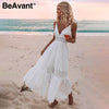 BeAvant Embroidery cotton white summer dress women Sexy v neck spaghetti strap long dress High waist button casual dress female