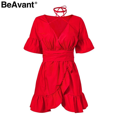 Halter deep v neck sexy dress women Elegant ruffles red short dress 2022 High waist wrap summer dress vestidos female