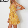 BeAvant Ruffles print short dress women sundress V neck strap sexy dress female Casual sashes beach summer dress vestidos