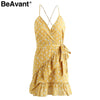 BeAvant Ruffles print short dress women sundress V neck strap sexy dress female Casual sashes beach summer dress vestidos