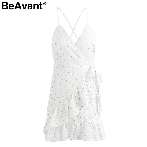 BeAvant Ruffles print short dress women sundress V neck strap sexy dress female Casual sashes beach summer dress vestidos