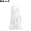 BeAvant Ruffles print short dress women sundress V neck strap sexy dress female Casual sashes beach summer dress vestidos