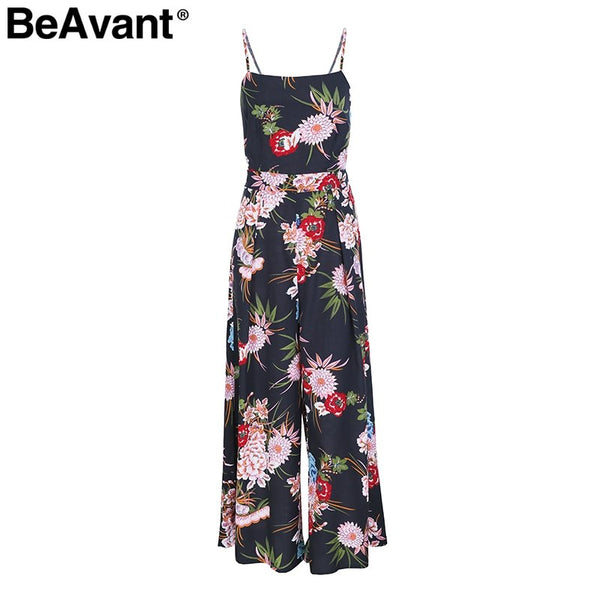 BeAvant Sexy back bow strap women jumpsuit Summer floral print boho beach jumpsuits Backless flare leg jumpsuits rompers